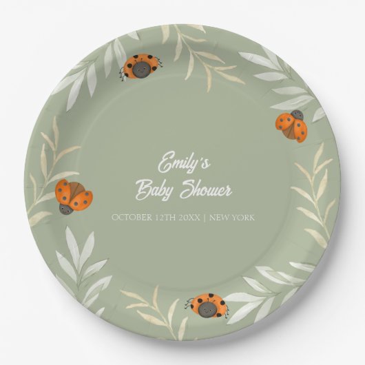 Sage Green Herfst Ladybug Greenery Baby shower Papieren Bordje (Voorkant)