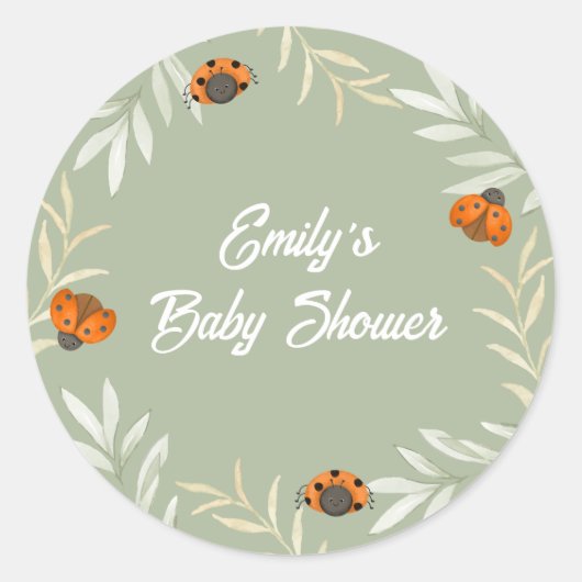 Sage Green Herfst Ladybug Greenery Baby shower Ronde Sticker (Voorkant)