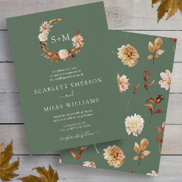 Sage Green Herfst Terracotta Monogram Wreath Weddi Kaart