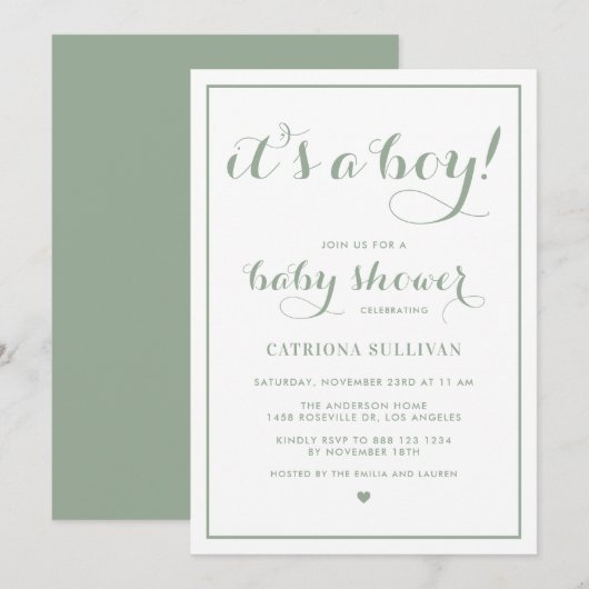 Sage Green Het is een Boy Calligraphy Baby shower Kaart (Voorkant / Achterkant)