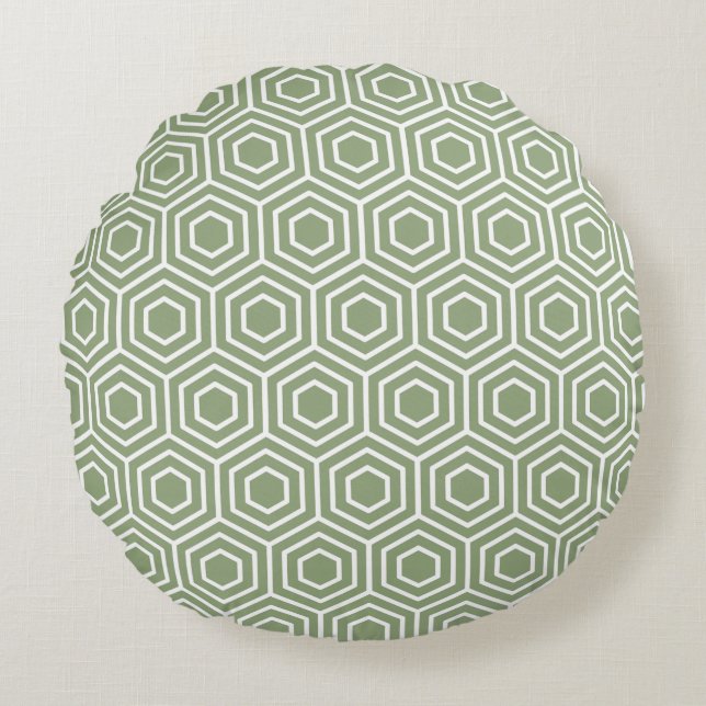 Sage Green Hexagon Honingraat Geometrisch Patroon Rond Kussen (Voorkant)