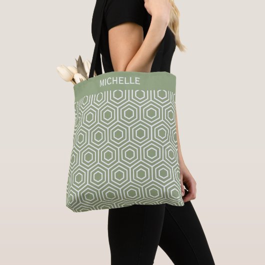 Sage Green Hexagon Honingraat Geometrisch Patroon Tote Bag (Dichtbij)