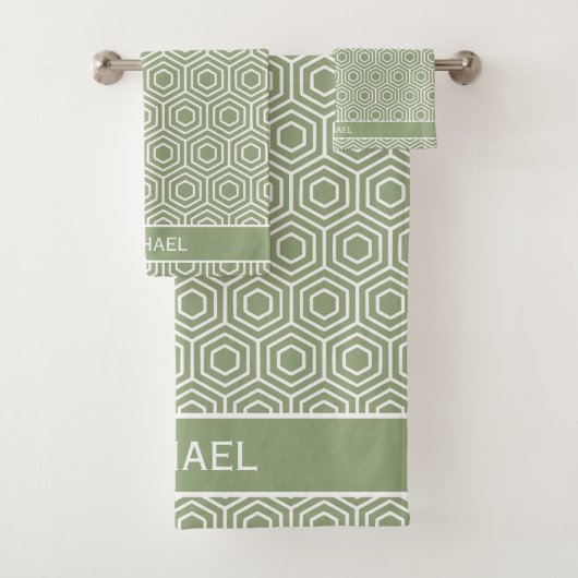 Sage Green Hexagon Honingraat Patroon Naam Bad Handdoek (Insitu)