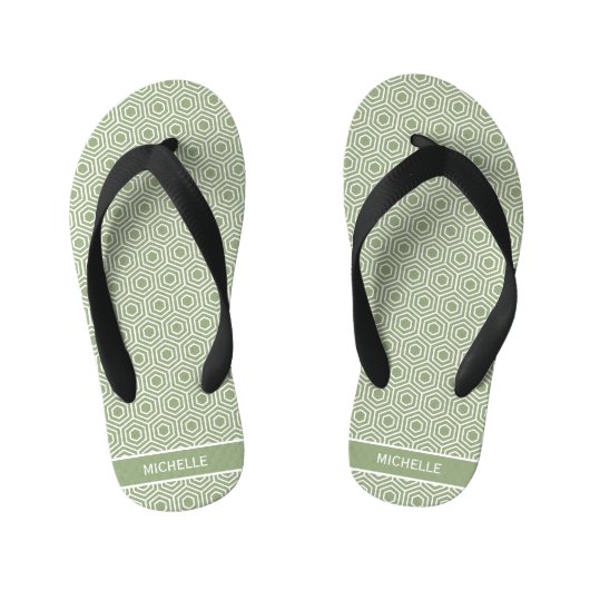 Sage Green Hexagon Honingraat Patroon Naam Kinder Teenslippers (Voetbed)
