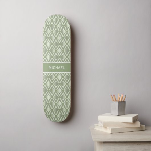 Sage Green Hexagon Honingraat Patroon Naam Persoonlijk Skateboard (Muurkunst)