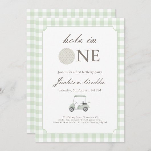 Sage Green Hole in één uitnodiging voor een golfve (Voorkant / Achterkant)