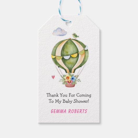 Sage Green Hot Air Ballon Baby shower Hartelijk da Cadeaulabel (Voorkant)