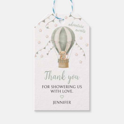 Sage Green Hot Air Balloon Baby Shower Cadeaulabel (Voorkant)