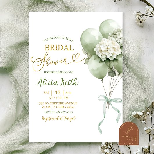 Sage Green Hydrangea Balloon Bridal Shower Kaart