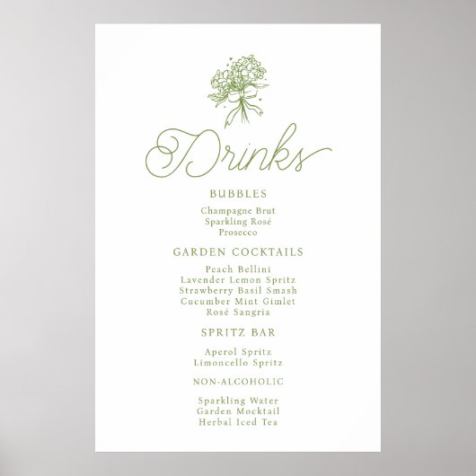 Sage Green Hydrangea Drinks Menu Sign Poster (Voorkant)