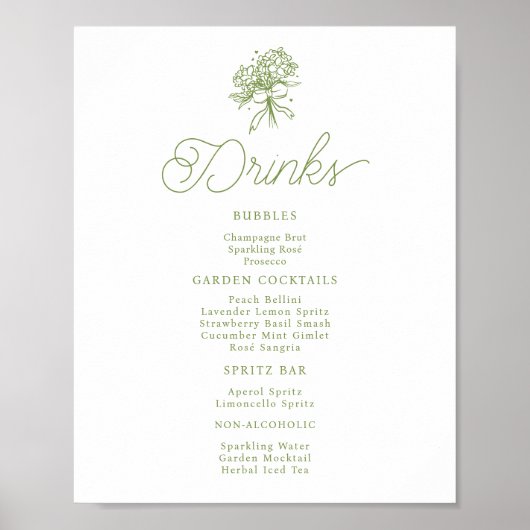 Sage Green Hydrangea Drinks Menu Table Sign Poster (Voorkant)