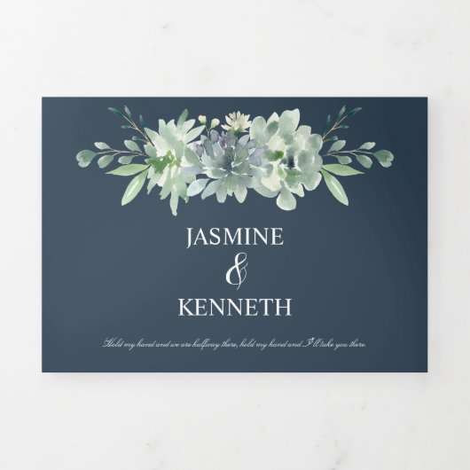 Sage Green Indigo Blue Succulents Wedding Drieluik Uitnodiging (Cover)