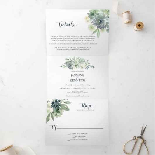 Sage Green Indigo Blue Succulents Wedding Drieluik Uitnodiging (Binnen)