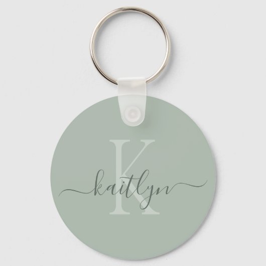 Sage Green Initiaal Naam Monogrammed Sleutelhanger (Voorkant)