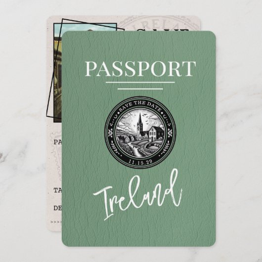 Sage Green Ireland Passport Save the Date (Voorkant / Achterkant)