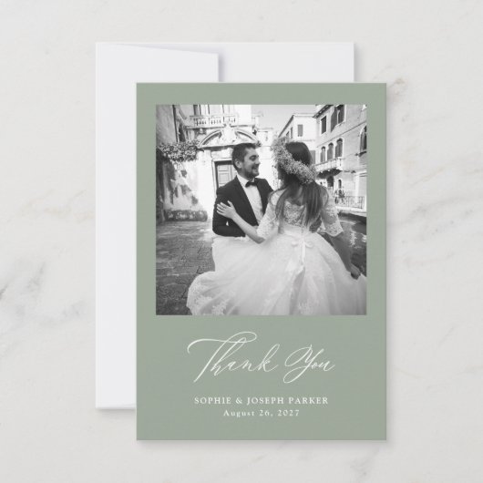 Sage Green | Italiaanse elegantie Twee foto bruilo Bedankkaart (Voorkant)