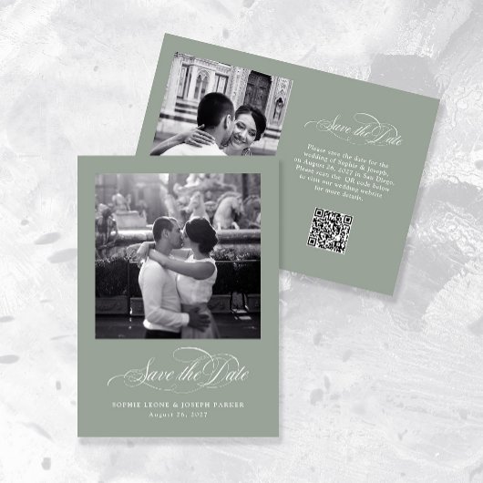 Sage Green | Italiaanse Elegantie Twee Foto QR-cod Save The Date