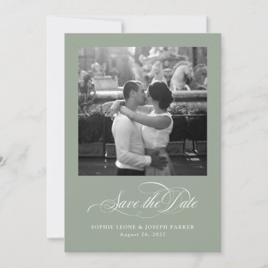 Sage Green | Italiaanse Elegantie Twee Foto QR-cod Save The Date (Voorkant)