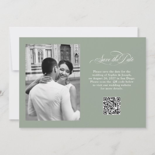 Sage Green | Italiaanse Elegantie Twee Foto QR-cod Save The Date (Achterkant)