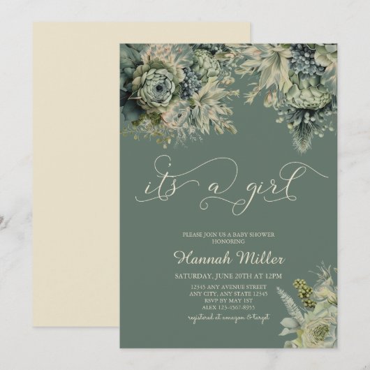 Sage Green | Ivoor | Meisje Baby shower Waterverf Kaart (Voorkant / Achterkant)