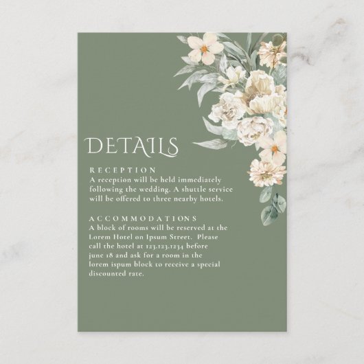 Sage Green Ivory Bloemen Rustieke bruiloft Details Informatiekaartje (Voorkant)