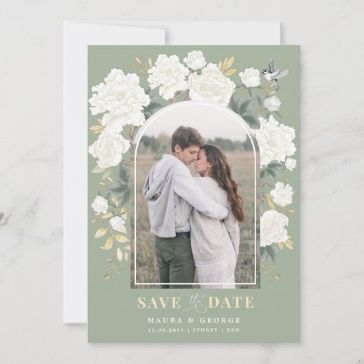 Sage Green Ivory Chinoiserie Floral Save the Date Kaart (Voorkant)