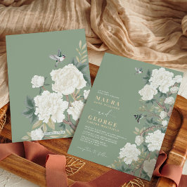 Sage Green Ivory Chinoiserie Flower Garden Wedding Kaart