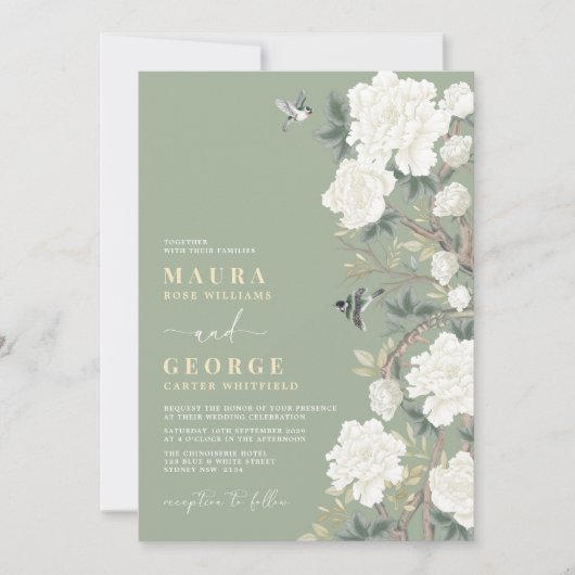 Sage Green Ivory Chinoiserie Flower Garden Wedding Kaart (Voorkant)