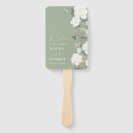 Sage Green Ivory Chinoiserie Wedding Programme Handwaaier (Voorkant)