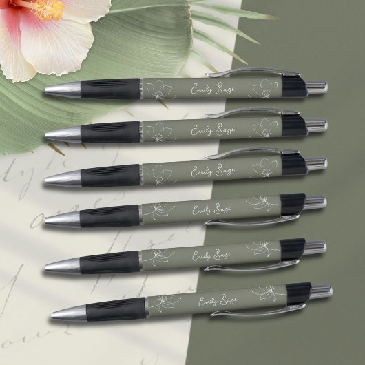 Sage Green Ivory Floral Line Art Minimalist Zen Pen