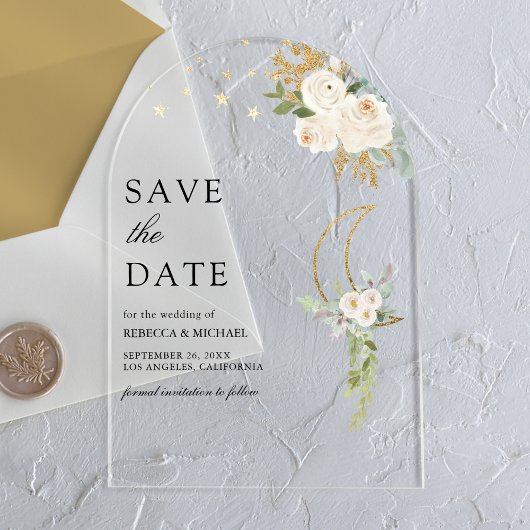 Sage Green Ivory Floral Moon Wedding Save the Date Acryl Uitnodigingen