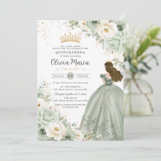 Sage Green Ivory Floral Princess Quinceañera XV 15 Kaart (Staand voorkant)