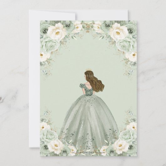 Sage Green Ivory Floral Princess Quinceañera XV 15 Kaart (Achterkant)