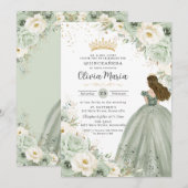 Sage Green Ivory Floral Princess Quinceañera XV 15 Kaart (Voorkant / Achterkant)