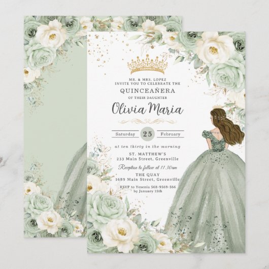 Sage Green Ivory Floral Princess Quinceañera XV 15 Kaart (Voorkant / Achterkant)