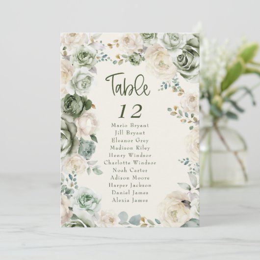 Sage Green Ivory Flower Wedding Zitting Grafiek Ka Kaart (Staand voorkant)