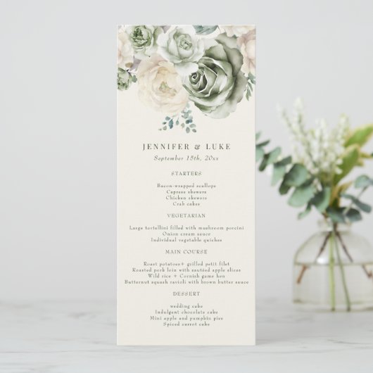 Sage Green Ivory Flowers Wedding Menu (Staand voorkant)