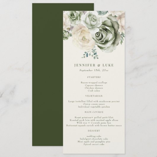 Sage Green Ivory Flowers Wedding Menu (Voorkant / Achterkant)