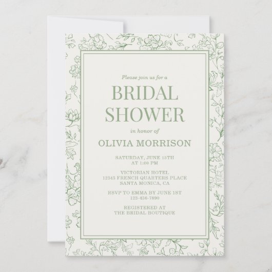 Sage Green Ivory French QR Code Bridal Shower Kaart (Voorkant)