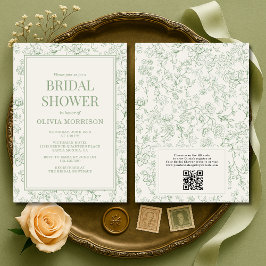 Sage Green Ivory French QR Code Bridal Shower Kaart