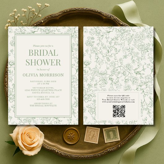 Sage Green Ivory French QR Code Bridal Shower Kaart