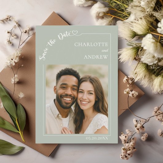 Sage Green Ivory photo wedding Save the Date