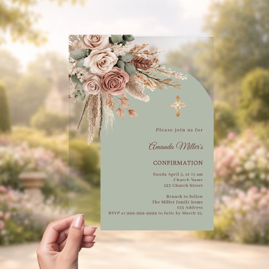 Sage green ivory taupe roses arch Confirmation Acryl Uitnodigingen