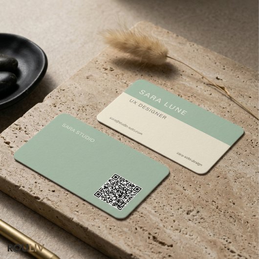 Sage Green Japandi Minimal QR Code Designer Studio Visitekaartje