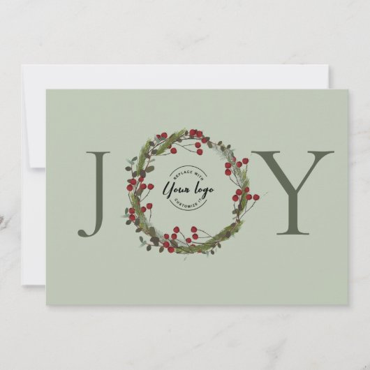 Sage Green JOY Kerstkrans Logo gepersonaliseerd Feestdagenkaart (Voorkant)