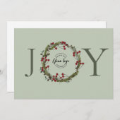 Sage Green JOY Kerstkrans Logo gepersonaliseerd Feestdagenkaart (Voorkant / Achterkant)