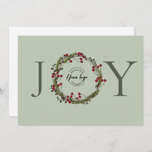 Sage Green JOY Kerstkrans Logo gepersonaliseerd Feestdagenkaart