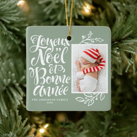 Sage Green Joyeux Noël en Bonne Année Foto Keramisch Ornament (Boom)