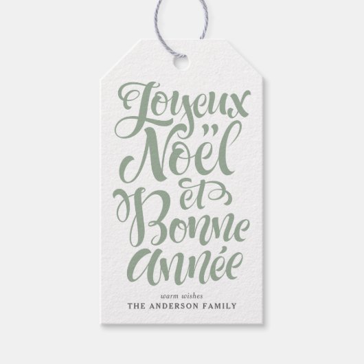 Sage Green Joyeux Noël en Bonne Année Kalligrafie Cadeaulabel (Voorkant)