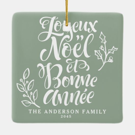 Sage Green Joyeux Noël en Bonne Année Kalligrafie Keramisch Ornament (Achterkant)